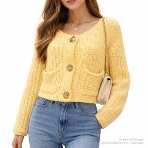 Vintage Cream Gold Button Chunky Knit Cardigan M L Parisian Style